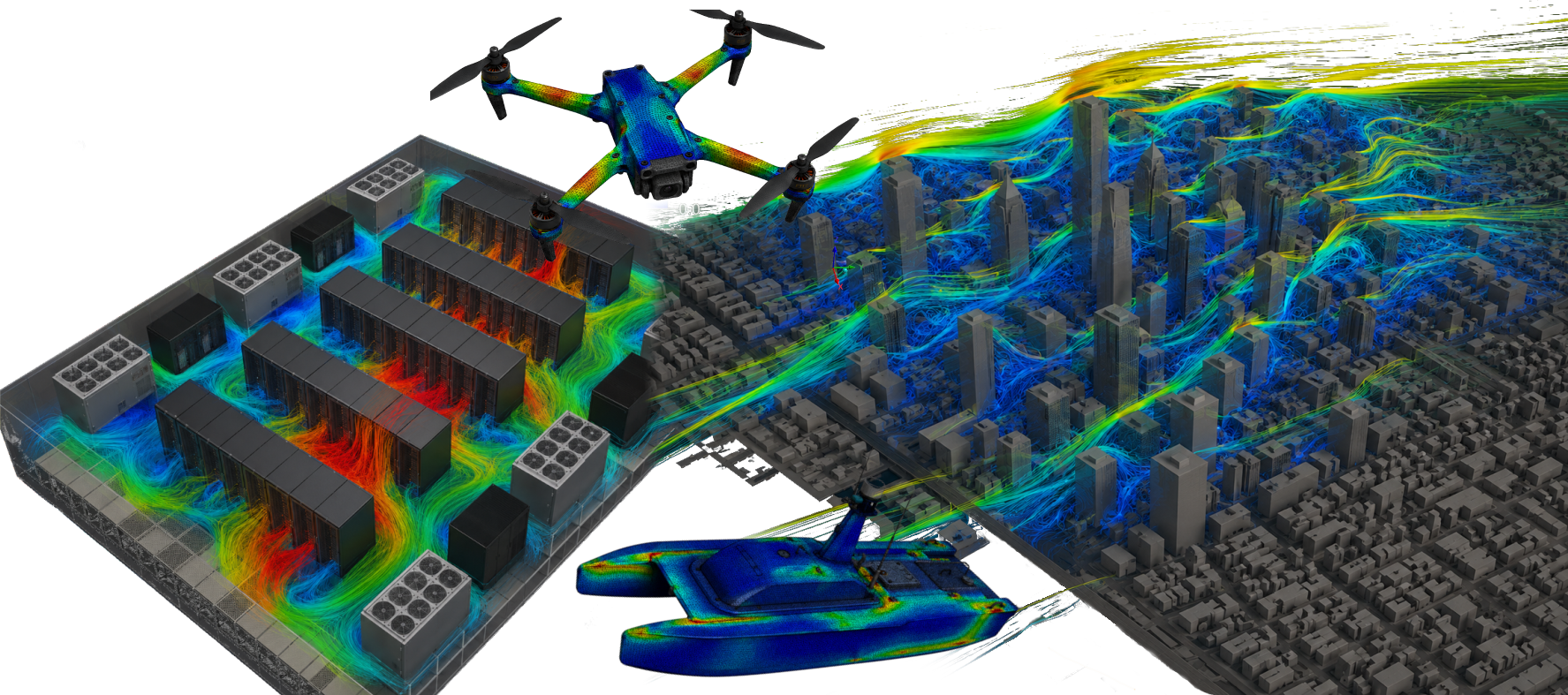 CFD airflow simulation across data-center cooling equipment and an urban district